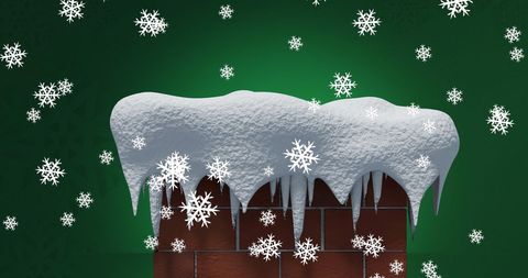 Snow-Covered Chimney Against Festive Green Background