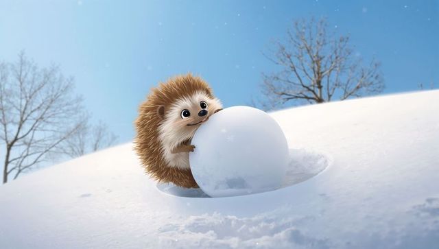 Cute cartoon hedgehog pushing giant snowball on snowy hill under clear blue winter sky