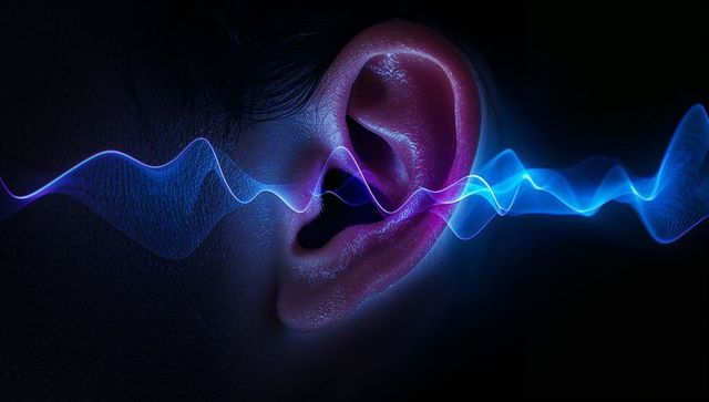 Closeup human ear receiving neon sound wave illustration for hearing tech and audio signal