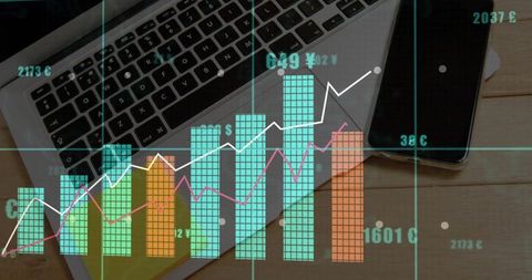 Financial Data Visualization Overlay on Laptop and Smartphone for Business Analytics Trends