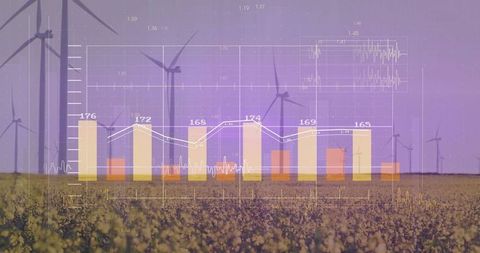 Renewable Energy Trends with Wind Turbines and Data Overlay