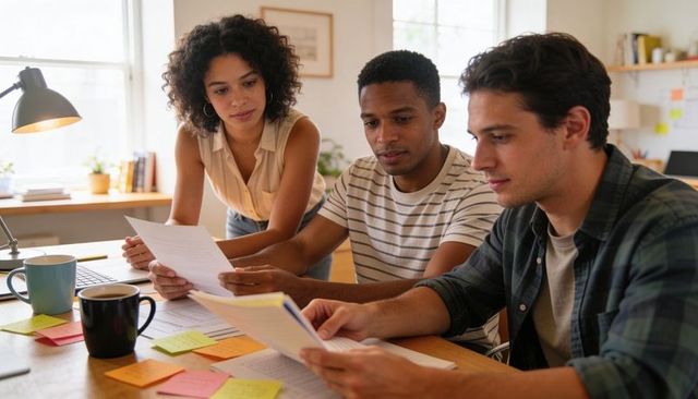 Three colleagues collaborating over documents and sticky notes in sunlit workspace
