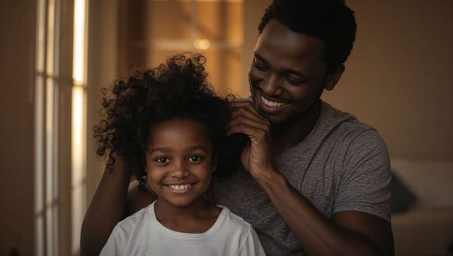 Smiling father styling daughter curly hair by sunlit window for warm family moment