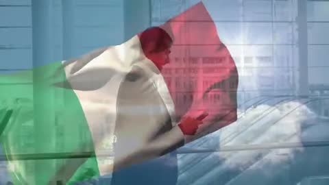 Businessman Using Smartphone with Italian Flag Overlay in Office