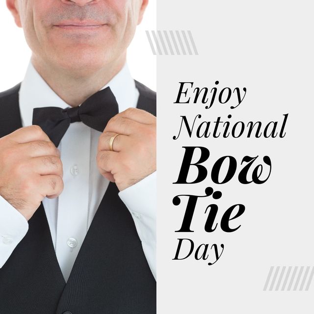 This image features a mature man adjusting a black bowtie, promoting National Bow Tie Day. Perfect for use in articles, blog posts, social media campaigns, and advertisements related to fashion, men's style, formal wear events, and holiday celebrations.