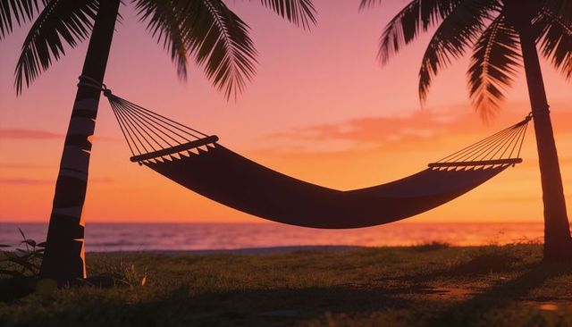Hammock swaying at tropical sunset between palm trees over tranquil ocean shoreline