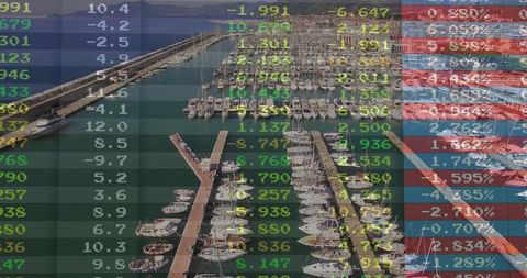 Aerial harbor marina overlaid with financial market data