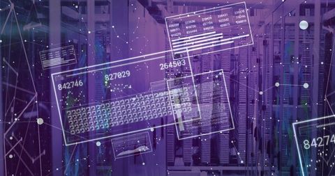 Holographic Data Dashboards Displaying Real-Time Analytics Over Server Rack Aisle