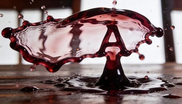 Forming crimson liquid crown splashing on wooden tabletop, macro high-speed capture