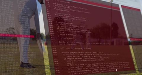 Sports analytics interface overlaying code on soccer pitch with player in cleats