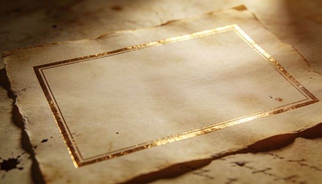Gilded rectangular border on torn aged parchment with ink blots and warm gold foil sheen