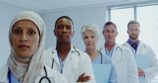 A diverse group of healthcare professionals is standing in a hospital room with confident expressions. The medical team members include a woman in a hijab, an African American man, a Caucasian woman, and two Caucasian men, all wearing lab coats and stethoscopes. This image is suitable for illustrating themes of diversity and inclusion in the medical field, professional healthcare settings, and teamwork in healthcare environments.