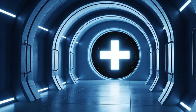 Futuristic corridor framing glowing plus portal with radial led arches and starfield view