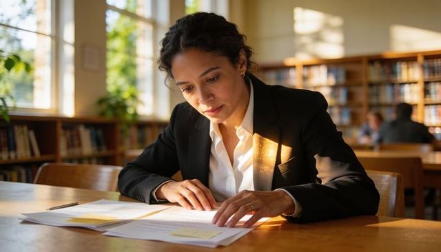Professional woman reviewing documents in library during golden hour for focused study