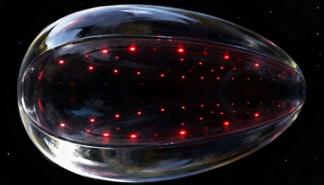 Translucent alien pod floating through space with inner red lights and reflective shell