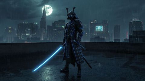 Futuristic Samurai with Glowing Katana Under Full Moon