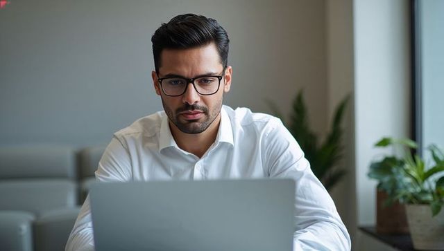 Focused professional working on laptop at modern office window with plants and glasses