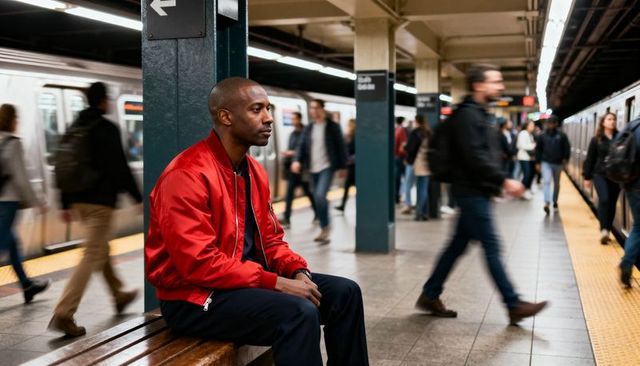Solitary man sitting on wooden bench amid crowded subway platform wearing red jacket