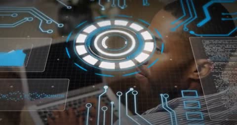 Developer Typing on Laptop Futuristic Holographic HUD Pulsing Over Keyboard Demo Video