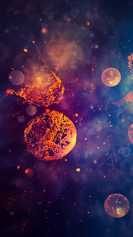 Molten Orbs Pulsing in Cosmic Nebula Emitting Sparks and Embers Vertical Motion Loop Video