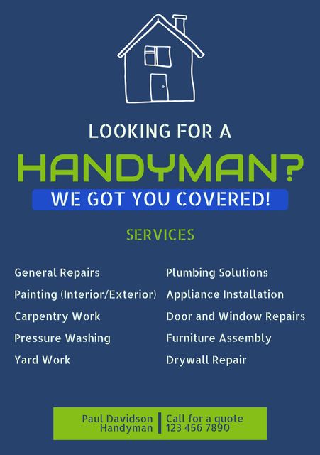 Handyman Services Advertisement with Contact Information and Bold House Graphic - Download Free Stock Videos Pikwizard.com