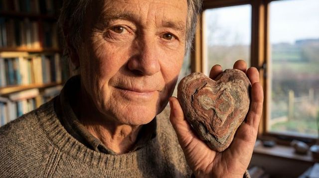 Senior man holding heart-shaped banded rock, gazing warmly in sunlit home study