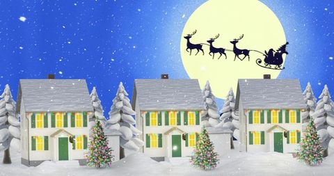 Santa Flying Over Snowy Village at Full Moon