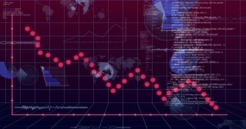 Plotting Falling Neon Trend Line on 3D Grid with Holographic World Map and Data Streams