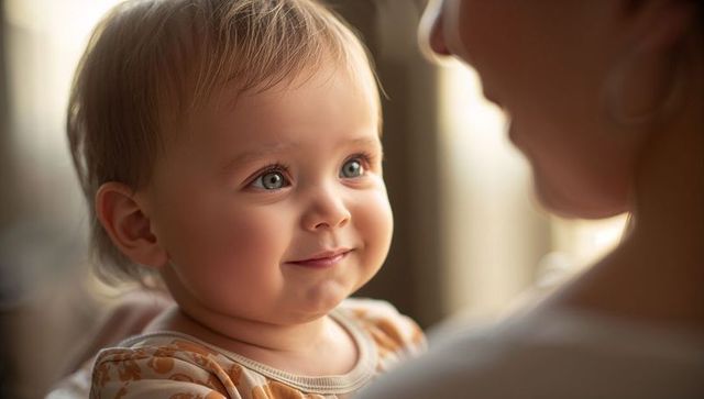 Tender mother holding smiling baby near window with warm backlight and gentle eye contact
