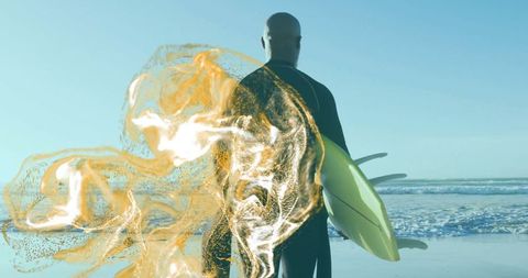 Surfer with Digital Art Element at Tranquil Beach