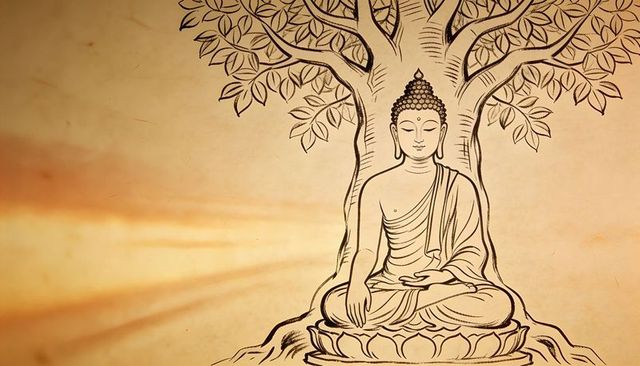 Serene buddha meditating under bodhi tree sepia line art on parchment