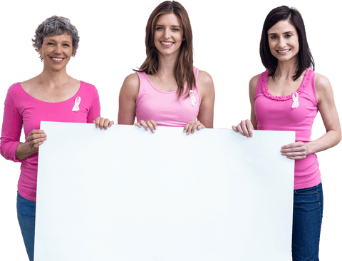 Women in pink holding blank white sign for transparent breast cancer awareness