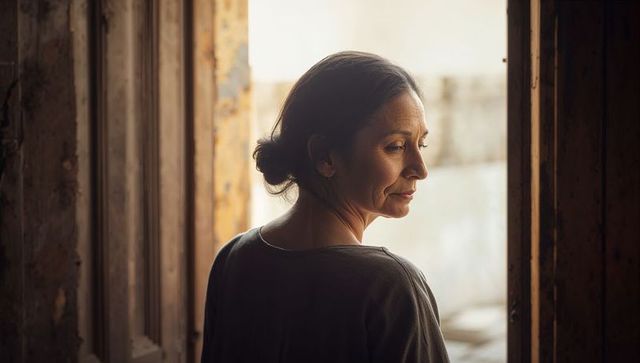 Contemplative middle-aged woman standing in rustic doorway turning toward golden light