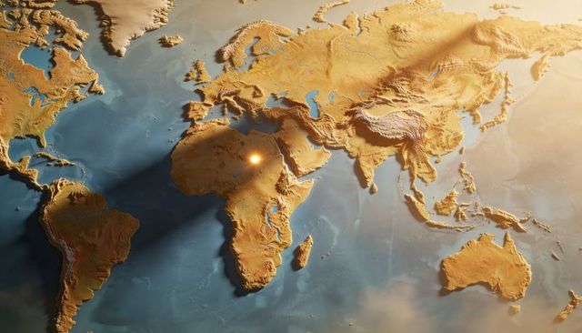 Golden 3d relief world map showing topography, deep oceans and sunlit continental highlights