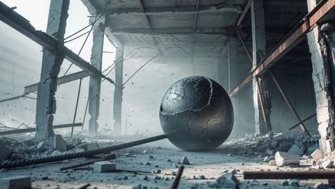 Abandoned warehouse with destroyed wrecking ball amidst rubble