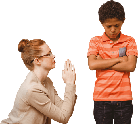 Diverse Teacher Apologizing to Upset Schoolboy on Transparent Background