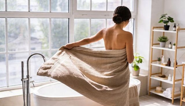 Woman wrapping beige towel by freestanding tub in sunlit modern bathroom with plants