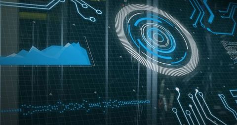 Futuristic holographic dashboard showing radar, data visualization and waveform on glass
