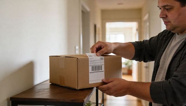 Man applying shipping label to cardboard box on hallway table, home delivery and package handling