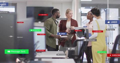 Collaborating team sharing feedback with floating social notifications in open-plan office