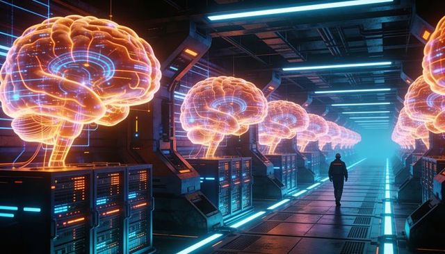 Technician walking through futuristic data corridor with glowing holographic brains
