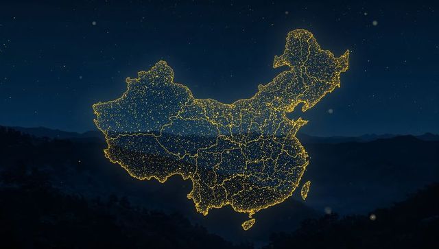 Digital glowing map of china above dark mountainous landscape