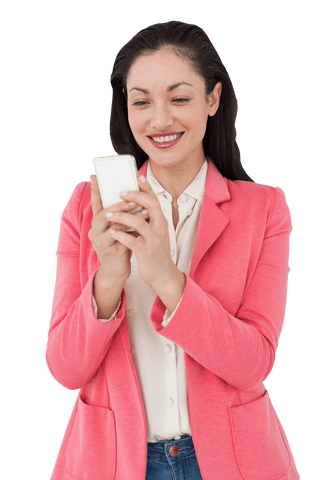 Smiling Woman Using Smartphone on Transparent Background Lifestyle