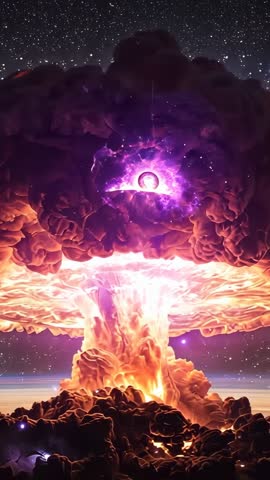 Vertical cosmic explosion video showing plasma jet forming mushroom cloud with glowing purple orb