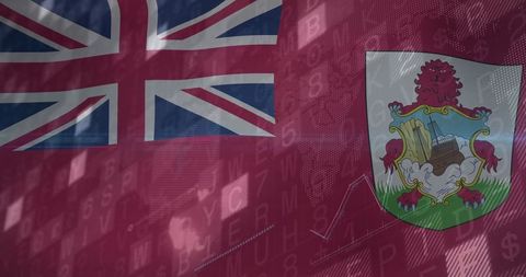 Bermuda flag with digital financial symbols and analytics theme