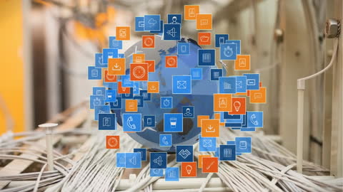 Global Network Concept with Floating Icons and Electric Cables