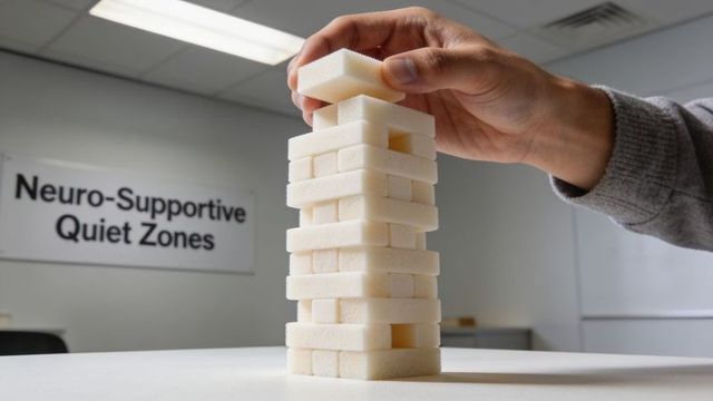 Placing foam block on tower in neuro-supportive quiet zone promoting focus and calm