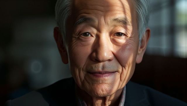 Serene Senior Asian Man in Office with Sunlit Face