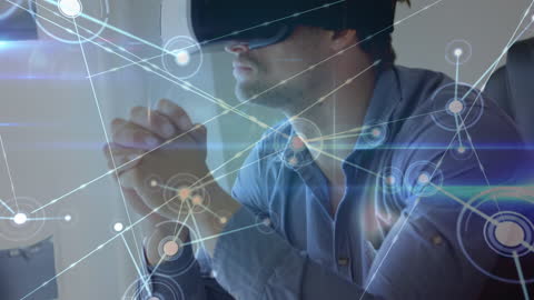 Man Immersed in Virtual Reality with Digital Connections Concept