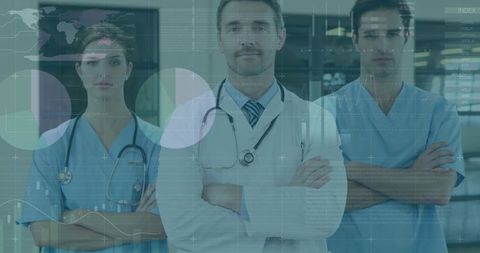 Healthcare professionals with digital data overlays